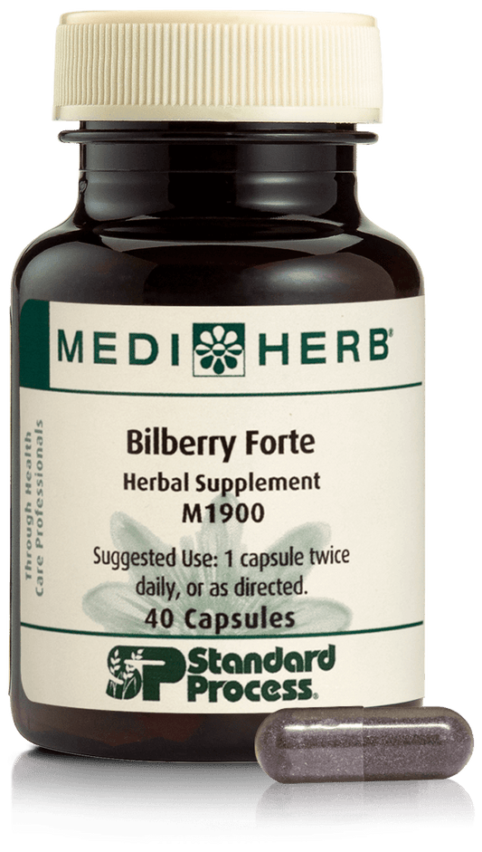 An image of herbal supplement Bilberry Forte next to a capsule.